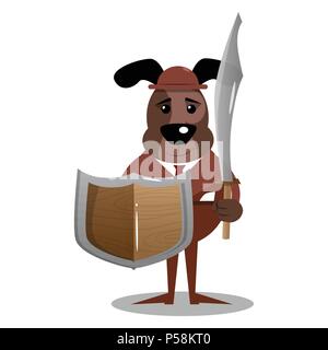 Cartoon illustriert business Hund Holding mit Schwert und Schild. Stock Vektor