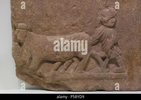 Das Bebauen das Land. Römische Sandstein Relief aus dem 1. Jahrhundert ANZEIGE aus der römischen Stadt Cástulo in der Nähe von Linares (Provinz Jaén, Spanien) auf der Anzeige im Nationalen Archäologischen Museum (Museo Arqueológico Nacional) in Madrid, Spanien. Stockfoto