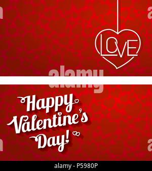 Schriftzug: Happy Valentines Day auf rotem Hintergrund mit Herzen. Stock Vektor