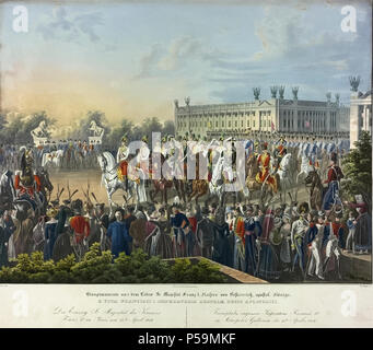 1814 Eintrag von Kaiser Franz I. in Paris. Einzug Franz I. in Paris am 15. 4. 1814; dargestellt ist der Moment, in dem der Kaiser an der Spitze des Zuges ьber die Place de la Concorde reitet. Lithographie von Franz Wolf nach einer Vorlage von Johann Nepomuk Höchle, aus der Serie "Hauptmomente aus dem Leben Sr. Majestдt Franz I."; Stockfoto