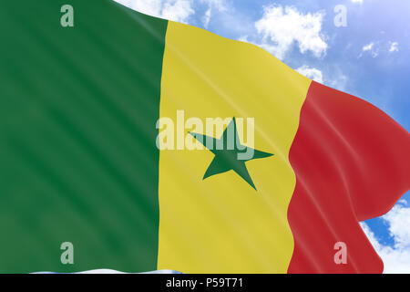 3D-Rendering von Senegal Flagge schwenkten auf blauer Himmel, Senegal offiziell die Republik Senegal ist ein Land in Westafrika, Senegal Independen Stockfoto