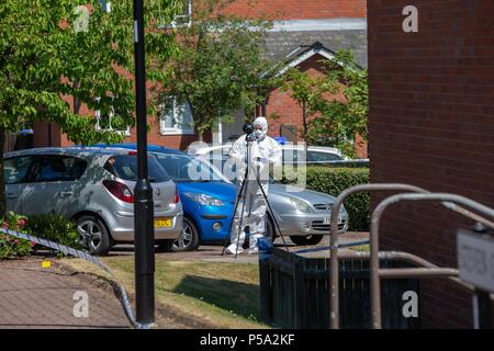 Steven schließen, Chapeltown, Sheffield, UK. Freitag 26. Juni 2018, Steven schließen, Chapeltown, Sheffield, UK; der Körper eines tödlich verletzten Mann in einem Haus in der Nähe von Steven, Chapeltown gefunden wurde, um 12.30 Uhr und eine Polizei Sonde ist jetzt unterwegs, das Haus hat abgedichtet worden und ist unter Polizeischutz während der forensischen Experten der Szene untersuchen und in den umliegenden Straßen; CSI-Offiziere bereiten die Unterkunft mit 3-D-Bilder Ausrüstung zu geben Sie die mordszene Kredit Karte: News Images/Alamy leben Nachrichten Stockfoto