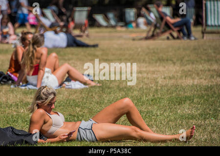 Green Park, London. 26 Jun, 2018. UK Wetter: Social Media geht auf beim Sonnenbaden - Menschen ihre Mittagspause in der warmen und sonnigen Bedingungen im Green Park genießen. Credit: Guy Bell/Alamy leben Nachrichten Stockfoto