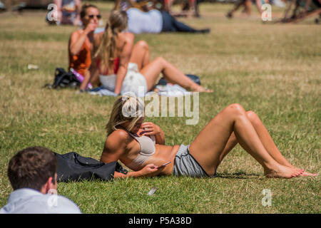 Green Park, London. 26 Jun, 2018. UK Wetter: Social Media geht auf beim Sonnenbaden - Menschen ihre Mittagspause in der warmen und sonnigen Bedingungen im Green Park genießen. Credit: Guy Bell/Alamy leben Nachrichten Stockfoto