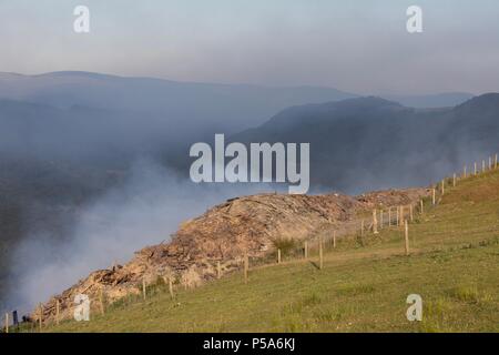 Rheidol Valley, Ceredigion, Wales, Großbritannien, 26. Juni 2018 Deutschland Wetter: EIN Gras Feuer, die entlang der Rheidol Valley in der Nähe von Devils Bridge in Ceredigion verbreitet hat, können für Meilen als dichter Rauch steigt in die Luft gesehen werden. Die Feuerwehrleute wurden um 11.30 Uhr heute Morgen angerufen und sind noch in der Szene. (6.39 Uhr) Als das Feuer auf einem steilen Tal eingestuft ist, so dass es schwierig ist, zu löschen, mit der Möglichkeit, einen Hubschrauber, um es zu löschen, da sie nicht in der Lage sind, Zugriff zu erhalten. Credit: Ian Jones/Alamy leben Nachrichten Stockfoto