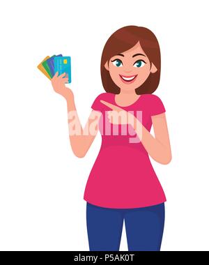 Junge Frau mit Bank credit/debit Karten in der Hand und in Richtung zeigt. Menschliche Emotion und Körpersprache Konzept Abbildung in Vektor Cartoon Stock Vektor