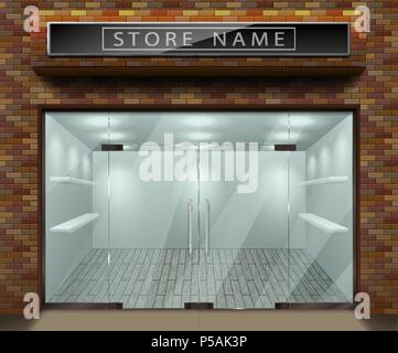 Vorlage für die Werbung 3d Store Fassade aus rotem Backstein. Äußere leer Shop oder Boutique mit transparentem Fenster. Leere mockup von stilvollen Glas street Shop. Vector Illustration Stock Vektor