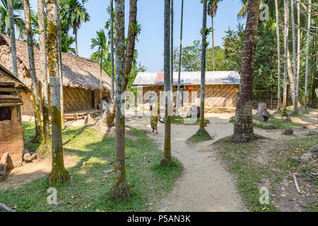 Tribal woman Walking mit Utensilien entlang der Dorfstraße in den ländlichen Dorf in Baratang island Andamanen Indien zu den führenden Stockfoto