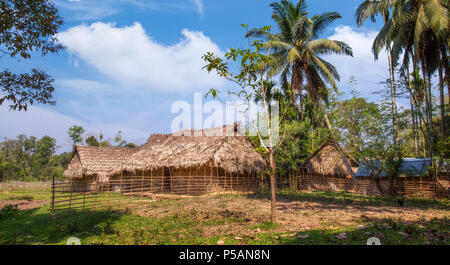 Ländliche Dorf mit reetgedeckten Häusern und Kokospalmen an Baratang island Andamanen Indien. Stockfoto