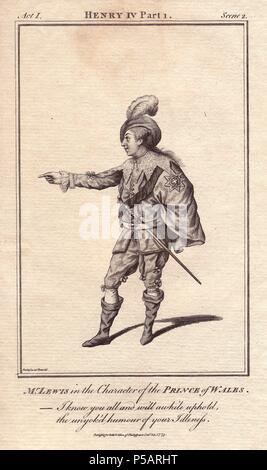 Herr William Thomas Lewis als der Prinz von Wales in "Henry IV, Teil 1". . Lewis durchgeführt am Covent Garden seit über 20 Jahren, und wurde als "eine besonders attraktive Schauspieler des modischen und flapsig Zeichen.'. . Kupferstich von 'Bell's Shakespeare" von John Bell, London, von 1775 veröffentlicht. Von Parkinson gezeichnet. Stockfoto