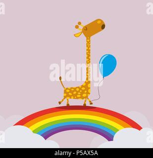 Giraffe holding Ballon wandern auf rainbow Grußkartenvorlage Stock Vektor
