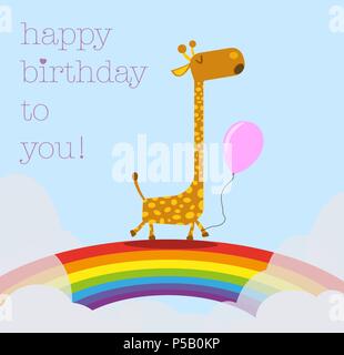 Giraffe holding Ballon wandern auf rainbow Happy Birthday Card Template Stock Vektor