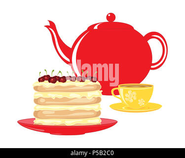 Ein Beispiel für eine rote Teekanne mit leuchtend gelben eingerichtet Kaffee Tasse und eine schöne Kirsche Layer Cake auf weißem Hintergrund Stockfoto