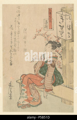 De Dichter en Priester Kisen. Nederlands: Een serveerster zit op een bankje voor een waarop theehuis de naam Kisen staat, de Naam van een beroemde Dichter. Met één Gedicht. Label Line: Auf Objekt Sunayama Gosei erwähnt (.... - 1835), Ca. 1810; kleurenhoutsnede lijnblok in zwart met kleurblokken; metaalpigmenten Sammlung: PRENTEN; Japan (COLLECTIE). 1810. N/A 418 De Dichter en Priester Kisen-Rijksmuseum RP-P -1991-674 Stockfoto