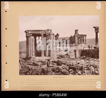 N/A. Englisch: BPLDC Art.Nr.: 08 04 000425 Seite Titel: Erectheion Sammlung: Tupper Scrapbooks Collection Album: Band 3: Athen. Call Art.Nr.: 4098B104 v3 (s. 42) Creator: Tupper, William Vaughn Genre: Scrapbooks; Albumen prints Umfang: 1 Foto auf Seite montiert: albumen; Seite 33 x 39 cm. Beschreibung: Scrapbook Seite enthält ein Foto des Erectheion, mit kommentierten Informationen über die architektonische Gestaltung der Website. Transkription: Heiligtum der Athena Polias, Wächter von Athen. Vermutlich in der Zeit des Perikles begonnen über v. Chr. 407 abgeschlossen. Es unterscheidet sich radikal in Form von oder Stockfoto