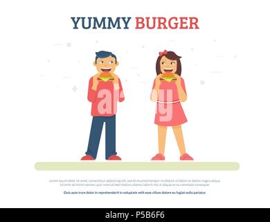 Lecker burger Konzept flachbild Vector Illustration der lustige Junge und Mädchen essen Burger. Gerne Freunde stehend mit Junk Food auf weißem Hintergrund Stock Vektor