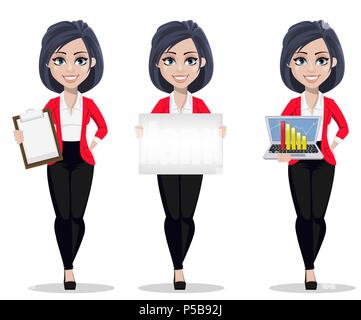 Business Woman, Manager, Banker, der drei Posen. Schöne Banker im Anzug. Zeichentrickfigur holding Zwischenablage, leeres Plakat und Stock Vektor