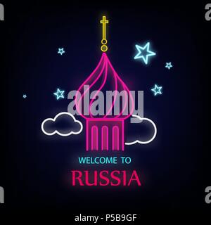 Zu Russland willkommen. Neon Banner mit Kreml, Sterne und Wolken. Vector Illustration auf schwarzen Hintergrund. Stock Vektor