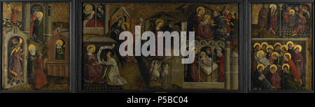 Drieluik met taferelen uit het Leven van Maria. Nederlands: Drieluik met taferelen uit het Leven van Maria. Op het middenpaneel de geboorte van Maria, de Maria, verkondiging aan de Visitatie, de geboorte van Christus, de Aanbidding der koningen en de Besnijdenis. Op de binnenkant van het linker zijpaneel Joachim met zijn Kudde, de afwijzing van Joachims bieten, de verkondiging aan Anna en de Ontmoeting bij de Poort. Op de binnenkant van het rechter zijpaneel Maria en Jozef bij Christus tussen de schriftgeleerden in de Tempel en de dood van Maria, met de discipelen. De buitenzijden van de zijp Stockfoto