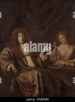 Adriaan van Beverland (1651-ca 1712). Schrijver van theologische Werken en hekelschriften, met een Dame van lichte Bräuche. Nederlands: Portret van Adriaan van Beverland (1651-ca 1712). Schrijver van theologische Werken en hekelschriften, met een Dame van lichte Bräuche. De Schrijver zit aan een Tafel met een Pijp in de Hand, op Tafel Staat een Glas op een blad. De Jonge vrouw heeft Haar bovenkleding losgeknoopt en heeft een Beverlands boek met de Titel 'De Prostibulis Veterum" (Bordelen in de Oudheid) voor Zürich. Op de achtergrond een boekenkast. . Zwischen 1670 und 1680. N/A 62 Adriaan van Bever Stockfoto