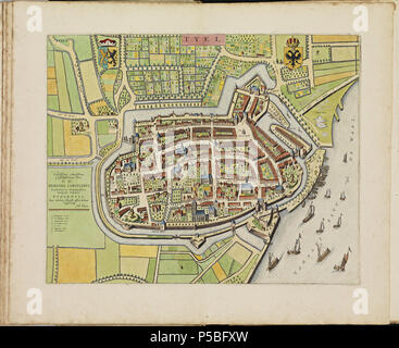 Latina: Theatrum Urbium ichnographicum omnium et oppidorum praecipuorum Belgicarum XVII Provinciarum peraccurate delineatarum. Nederlands: Perfekte aftekeningen der steden van de XVII Nederlandsche Provincien im Platte gronden Français: Le Theater des Plans de toutes les Villes qui sind situéez dans les XVII Provinzen du Pays Bas parfaictement déseignéez. Nederlands: Plaat "PL007" (Tiel) uit het Stedenboek van Frederick de Wit. Englisch: Platte "PL007" (Tiel) vom Stedenboek (citybook) von Frederick de Wit. . Ca. 1698. N/A 145 Atlas de Wit 1698-pl007-Tiel-KB PPN 145205088 Stockfoto