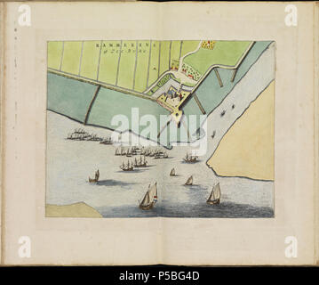 Latina: Theatrum Urbium ichnographicum omnium et oppidorum praecipuorum Belgicarum XVII Provinciarum peraccurate delineatarum. Nederlands: Perfekte aftekeningen der steden van de XVII Nederlandsche Provincien im Platte gronden Français: Le Theater des Plans de toutes les Villes qui sind situéez dans les XVII Provinzen du Pays Bas parfaictement déseignéez. Nederlands: Plaat "PL043" (rammekens) uit het Stedenboek van Frederick de Wit. Englisch: Platte "PL043" (rammekens) vom Stedenboek (citybook) von Frederick de Wit. . Ca. 1698. N/A 145 Atlas de Wit 1698-pl 043-rammekens-KB PPN 145205088 Stockfoto