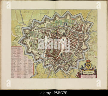Latina: Theatrum Urbium ichnographicum omnium et oppidorum praecipuorum Belgicarum XVII Provinciarum peraccurate delineatarum. Nederlands: Perfekte aftekeningen der steden van de XVII Nederlandsche Provincien im Platte gronden Français: Le Theater des Plans de toutes les Villes qui sind situéez dans les XVII Provinzen du Pays Bas parfaictement déseignéez. Nederlands: Plaat "PL066" (Groningen) uit het Stedenboek van Frederick de Wit. Englisch: Platte "PL066" (Groningen) vom Stedenboek (citybook) von Frederick de Wit. . Ca. 1698. N/A 145 Atlas de Wit 1698-pl066 - Groningen - KB PPN 145205088 Stockfoto