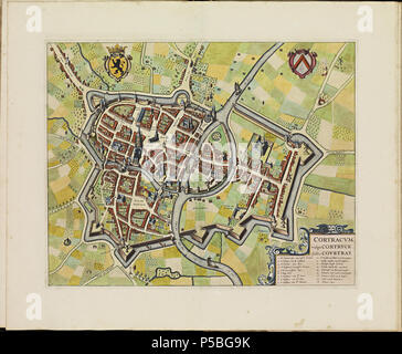 Latina: Theatrum Urbium ichnographicum omnium et oppidorum praecipuorum Belgicarum XVII Provinciarum peraccurate delineatarum. Nederlands: Perfekte aftekeningen der steden van de XVII Nederlandsche Provincien im Platte gronden Français: Le Theater des Plans de toutes les Villes qui sind situéez dans les XVII Provinzen du Pays Bas parfaictement déseignéez. Nederlands: Plaat "PL089" (Kortrijk) uit het Stedenboek van Frederick de Wit. Englisch: Platte "PL089" (Kortrijk) vom Stedenboek (citybook) von Frederick de Wit. . Ca. 1698. N/A 145 Atlas de Wit 1698-pl089 - Kortrijk - KB PPN 145205088 Stockfoto