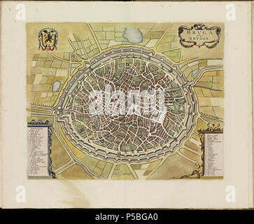 Latina: Theatrum Urbium ichnographicum omnium et oppidorum praecipuorum Belgicarum XVII Provinciarum peraccurate delineatarum. Nederlands: Perfekte aftekeningen der steden van de XVII Nederlandsche Provincien im Platte gronden Français: Le Theater des Plans de toutes les Villes qui sind situéez dans les XVII Provinzen du Pays Bas parfaictement déseignéez. Nederlands: Plaat "PL091" (Brugge) uit het Stedenboek van Frederick de Wit. Englisch: Platte "PL091" (Brugge) vom Stedenboek (citybook) von Frederick de Wit. . Ca. 1698. N/A 145 Atlas de Wit 1698-pl 091 - Brugge - KB PPN 145205088 Stockfoto