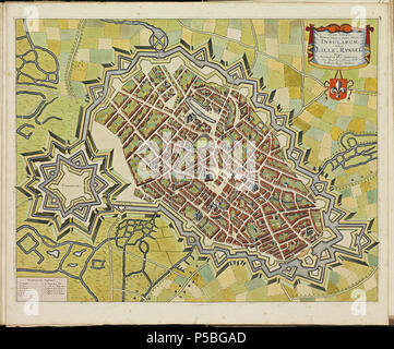 Latina: Theatrum Urbium ichnographicum omnium et oppidorum praecipuorum Belgicarum XVII Provinciarum peraccurate delineatarum. Nederlands: Perfekte aftekeningen der steden van de XVII Nederlandsche Provincien im Platte gronden Français: Le Theater des Plans de toutes les Villes qui sind situéez dans les XVII Provinzen du Pays Bas parfaictement déseignéez. Deutsch: "PL098" Plaat uit het Stedenboek van Frederick de Wit. Englisch: Platte "PL098" aus dem Stedenboek (citybook) von Frederick de Wit. . Ca. 1698. N/A 145 Atlas de Wit 1698-pl098-KB PPN 145205088 Stockfoto