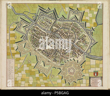 Latina: Theatrum Urbium ichnographicum omnium et oppidorum praecipuorum Belgicarum XVII Provinciarum peraccurate delineatarum. Nederlands: Perfekte aftekeningen der steden van de XVII Nederlandsche Provincien im Platte gronden Français: Le Theater des Plans de toutes les Villes qui sind situéez dans les XVII Provinzen du Pays Bas parfaictement déseignéez. Nederlands: Plaat" PL100" (doornik) uit het Stedenboek van Frederick de Wit. Englisch: Platte "pl 100' (doornik) vom Stedenboek (citybook) von Frederick de Wit. . Ca. 1698. N/A 145 Atlas de Wit 1698-pl100 - doornik-KB PPN 145205088 Stockfoto