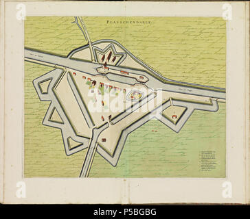 Latina: Theatrum Urbium ichnographicum omnium et oppidorum praecipuorum Belgicarum XVII Provinciarum peraccurate delineatarum. Nederlands: Perfekte aftekeningen der steden van de XVII Nederlandsche Provincien im Platte gronden Français: Le Theater des Plans de toutes les Villes qui sind situéez dans les XVII Provinzen du Pays Bas parfaictement déseignéez. Nederlands: Plaat "pl 109" (Plassendaal) uit het Stedenboek van Frederick de Wit. Englisch: Platte "pl 109" (Plassendaal) vom Stedenboek (citybook) von Frederick de Wit. . Ca. 1698. N/A 145 Atlas de Wit 1698-pl 109 - Plassendaal-KB PPN 1452050 Stockfoto