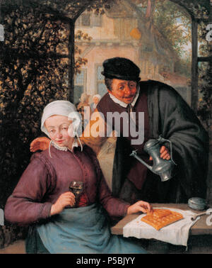 Ein älteres Paar in einer Gartenlaube. Englisch: Ein älteres Ehepaar in einer Laube Öl auf Leinwand 23 x 19 cm circa 1670. ca. 1670. N/A96 Ein älteres Ehepaar in einer Laube, von Adriaen van Ostade Stockfoto
