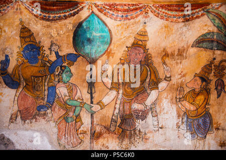 Nayaka Malerei an der Innenwand des Kreuzgangs mandappa. Brihadishvara Tempel, Thanjavur, Tamil Nadu, Indien Stockfoto