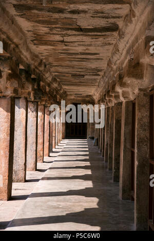 Geschnitzte Säulen im Inneren des Brihadishvara Tempel, ein UNESCO-Weltkulturerbe, Thanjavur, Tamil Nadu, Indien Stockfoto