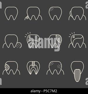 Satz von minimalistischer Zähne Abbildung mit verschiedenen Krankheiten Stock Vektor