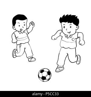 Hand gezeichneten Jungen Fußball spielen, Kinder spielen Fußball, isoliert auf weißem Hintergrund. Schwarz und Weiß eine einfache Linie Vektor Illustration für Malbuch - Stock Vektor