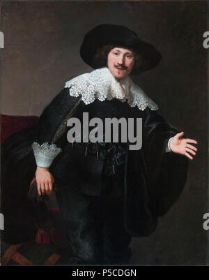 Porträt eines Mannes, der sich von seinem Stuhl. Englisch: ein Mann von seinem Stuhl (vermutlich ein Pendant zur Datei: Rembrandt - Portrait einer jungen Frau mit einem Ventilator.JPG) Öl auf Leinwand 124 x 98,5 cm signiert b. r.: Rembrandt. f/1633 steigen. 1633. N/A45 ein Mann steigt aus seinem Stuhl, von Rembrandt Stockfoto