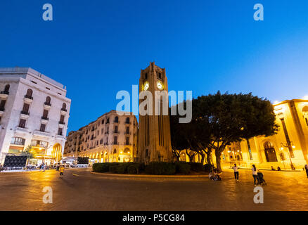 Nachtansicht von Clocktower Place d'Etoile Downtown Beirut, Libanon Stockfoto