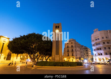 Nachtansicht von Clocktower Place d'Etoile Downtown Beirut, Libanon Stockfoto