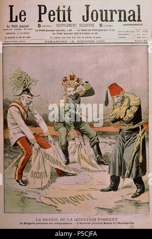 CARICATURA DE LE PETIT JOURNAL, EL NACIMIENTO DEL CONFLICTO ORIENTAL. Bulgarien RO SU INDEPENDENCIA, ÖSTERREICH ANEXIONA Bosnien - Herzegowina, 1908. Stockfoto