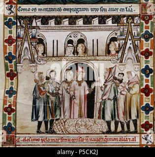 MTI 1 - VIÑETA DE LA CANTIGA DE SANTA MARIA Nº 35-F53 R-MERCADERES NEGOCIANDO - SIGLO XIII. Autor: Alfons X. von Kastilien, der Weise (1221-1284). Lage: MONASTERIO - BIBLIOTECA - COLECCION, SAN LORENZO DEL Escorial, Madrid, Spanien. Stockfoto