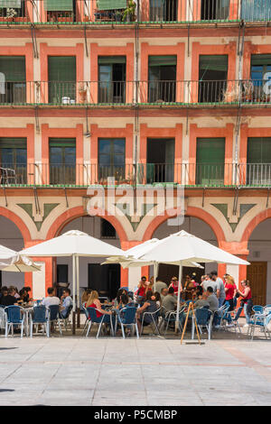 Cordoba cafe bar, Touristen in einem Café Terrasse im 17. Jahrhundert Plaza de la Corredera in Cordoba an einem Sommernachmittag, Andalusien, Spanien entspannen. Stockfoto