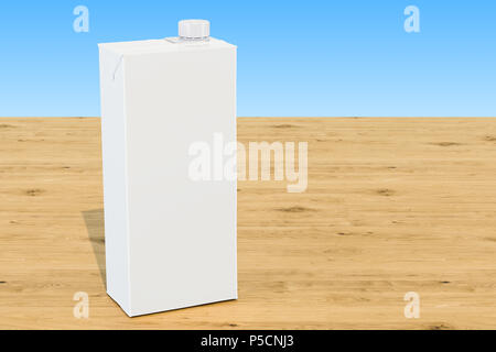 Milch oder Saft pack, leeren Karton verpackung Container mit Kunststoffkappe auf dem Holztisch. 3D-Rendering Stockfoto