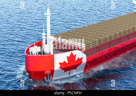 Holz, Schnittholz, Holz Handel von Kanada Konzept. Kanadische Frachter Schiff mit Baumstämmen in Ocean, 3D-Rendering Stockfoto