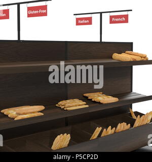 Bäckerei Lattenrost Regal Befestigung auf Weiß. 3D-Darstellung Stockfoto