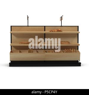 Bäckerei Lattenrost Regal Befestigung auf Weiß. Vorderansicht. 3D-Darstellung Stockfoto