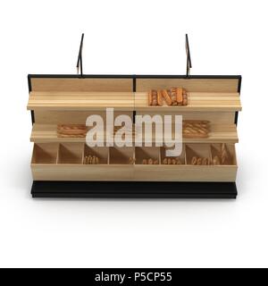Bäckerei Lattenrost Regal Befestigung auf Weiß. Vorderansicht. 3D-Darstellung Stockfoto