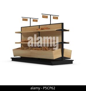 Bäckerei Lattenrost Regal Befestigung auf Weiß. 3D-Darstellung Stockfoto