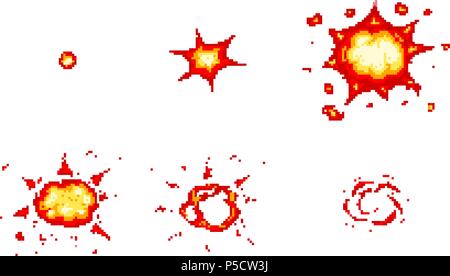 Pixel-art Explosionen. Spiel Symbole gesetzt. Comic boom Flamme Effekte für Emotion. 8-Bit-Vektor. Knall platzen Flash nukleare bubble Dynamit mit Rauch explodieren. Animation Frame. Prozessschritte, Video Feuer. Stock Vektor